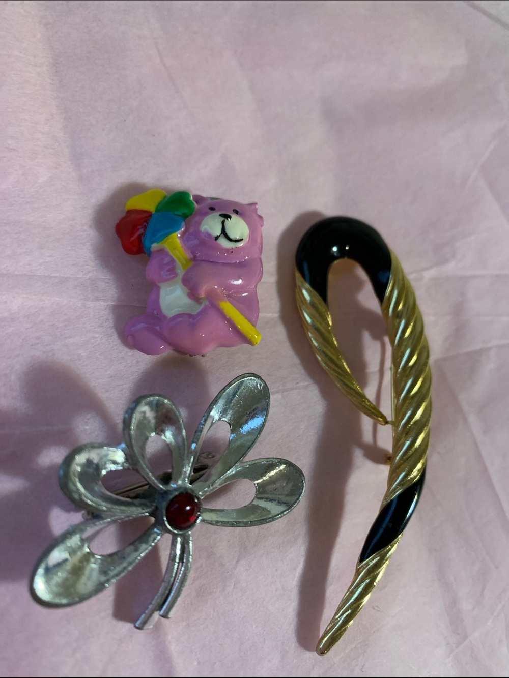 Pink Bear Brooch with Rainbow Umbrella and Two More Brooches